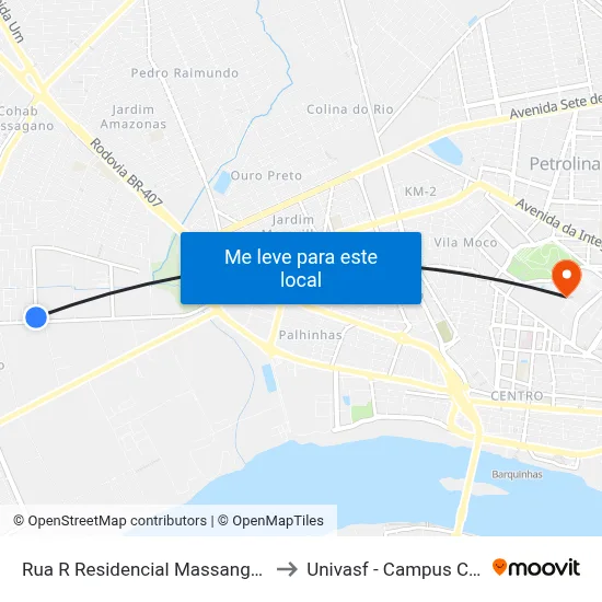 Rua R Residencial Massangano 21 to Univasf - Campus Centro map