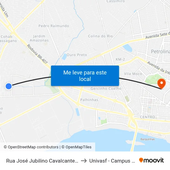 Rua José Jubilino Cavalcante Filho 80 to Univasf - Campus Centro map