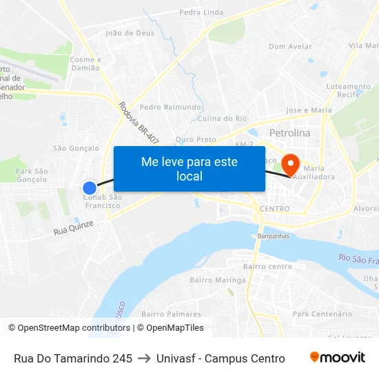 Rua Do Tamarindo 245 to Univasf - Campus Centro map