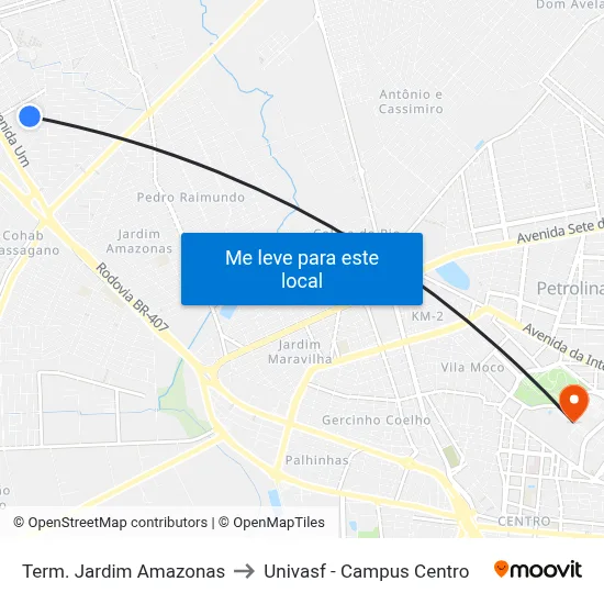 Term. Jardim Amazonas to Univasf - Campus Centro map