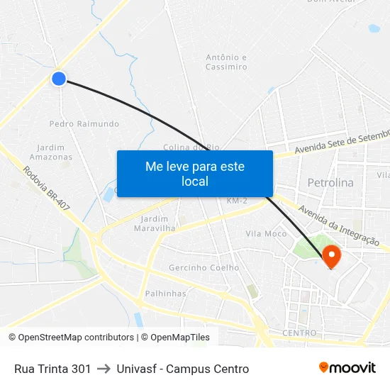 Rua Trinta 301 to Univasf - Campus Centro map