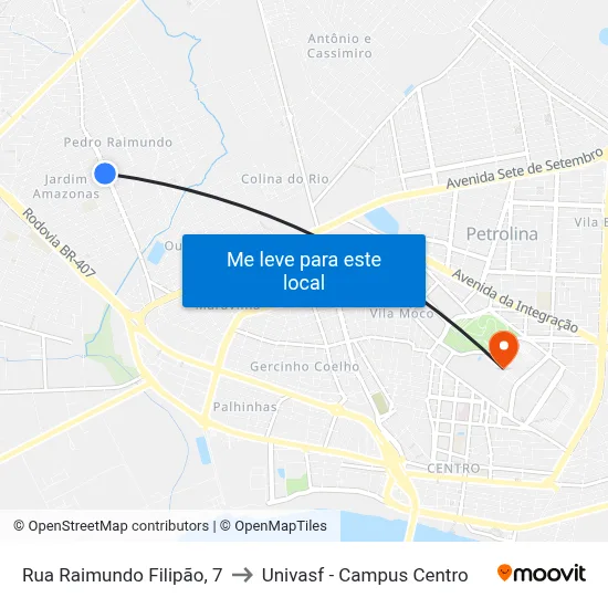 Rua Raimundo Filipão, 7 to Univasf - Campus Centro map