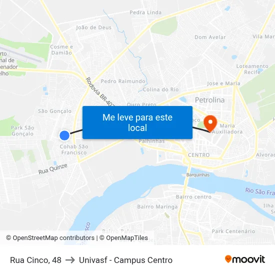 Rua Cinco, 48 to Univasf - Campus Centro map