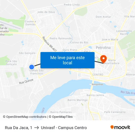 Rua Da Jaca, 1 to Univasf - Campus Centro map