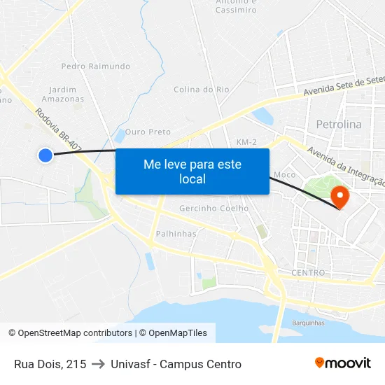 Rua Dois, 215 to Univasf - Campus Centro map