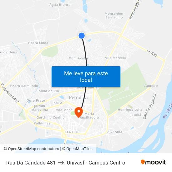 Rua Da Caridade 481 to Univasf - Campus Centro map