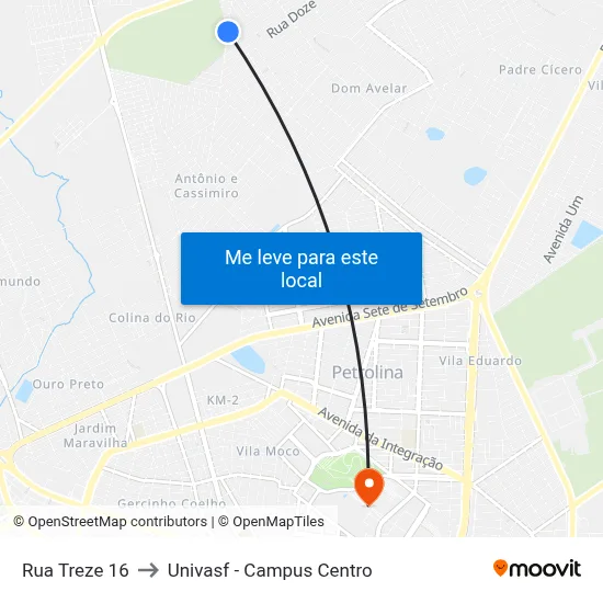 Rua Treze 16 to Univasf - Campus Centro map