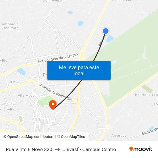 Rua Vinte E Nove 320 to Univasf - Campus Centro map