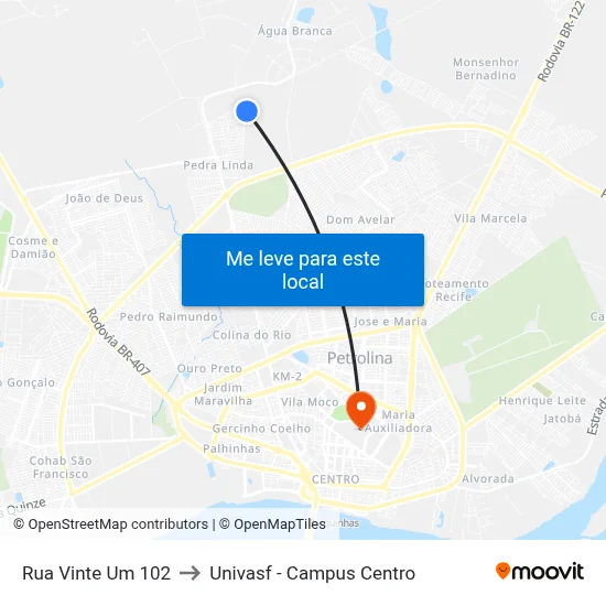Rua Vinte Um 102 to Univasf - Campus Centro map