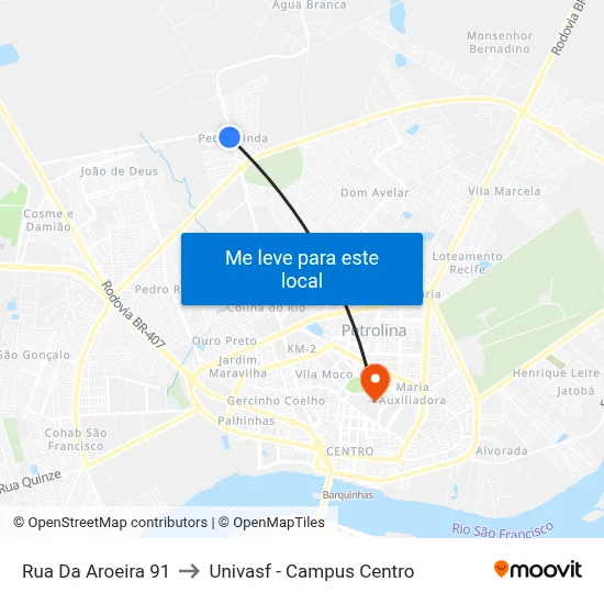 Rua Da Aroeira 91 to Univasf - Campus Centro map