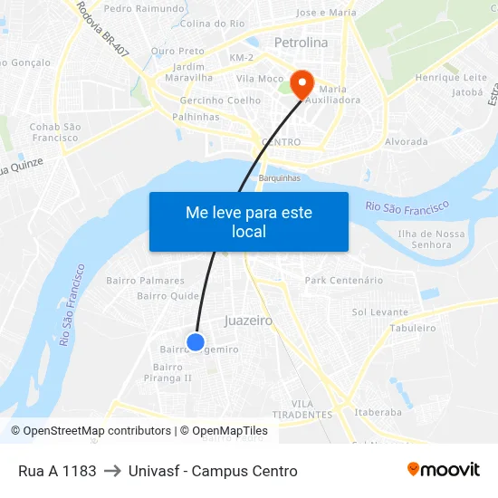 Rua A 1183 to Univasf - Campus Centro map