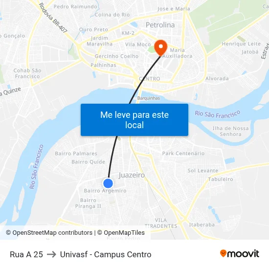 Rua A 25 to Univasf - Campus Centro map