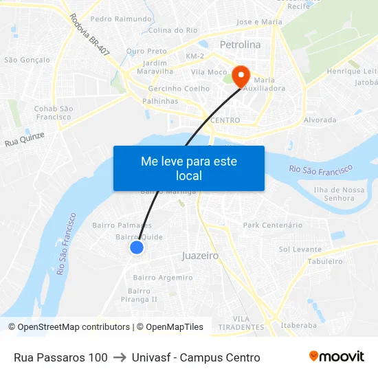 Rua Passaros 100 to Univasf - Campus Centro map