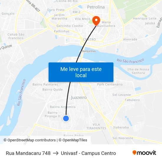 Rua Mandacaru 748 to Univasf - Campus Centro map