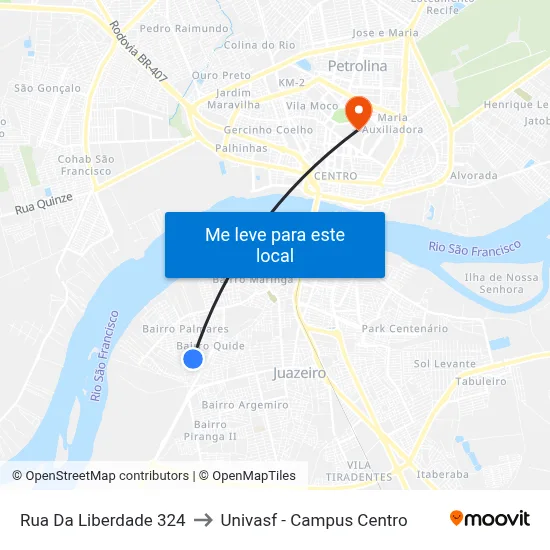 Rua Da Liberdade 324 to Univasf - Campus Centro map