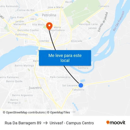 Rua Da Barragem 89 to Univasf - Campus Centro map