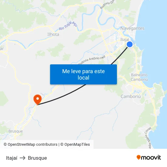 Itajaí to Brusque map