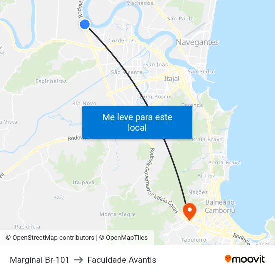 Marginal Br-101 to Faculdade Avantis map
