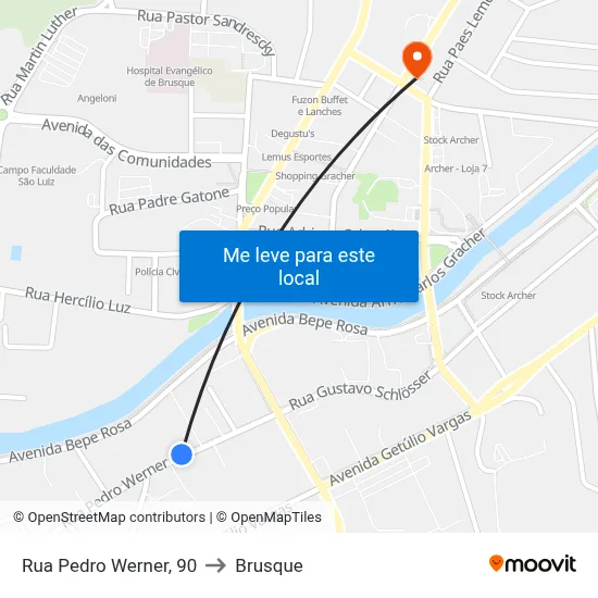 Rua Pedro Werner, 90 to Brusque map