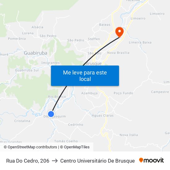 Rua Do Cedro, 206 to Centro Universitário De Brusque map