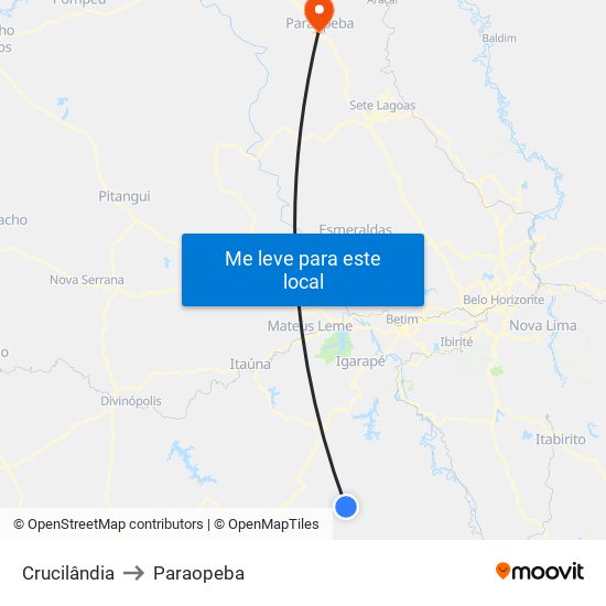 Crucilândia to Paraopeba map