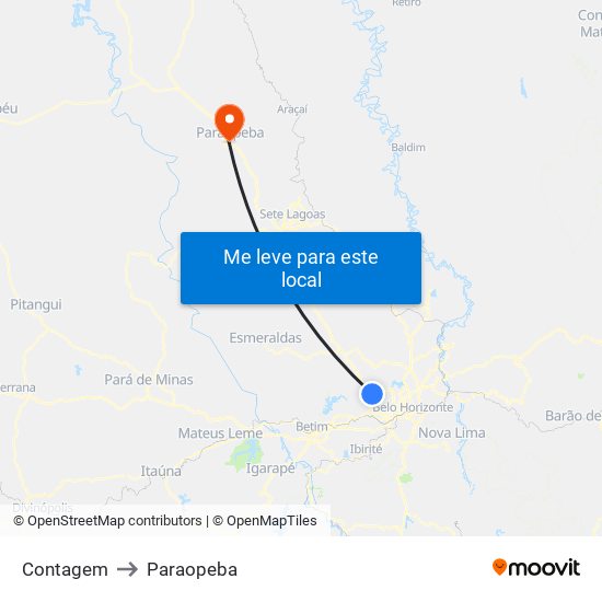 Contagem to Paraopeba map