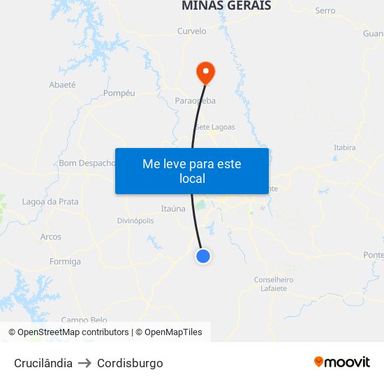 Crucilândia to Cordisburgo map