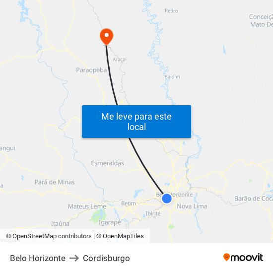 Belo Horizonte to Cordisburgo map