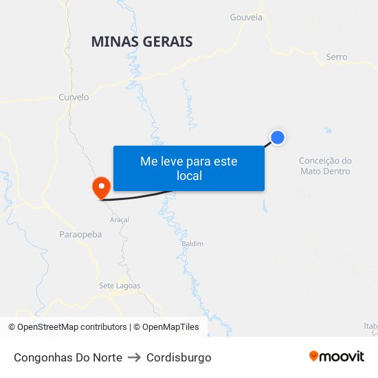 Congonhas Do Norte to Cordisburgo map