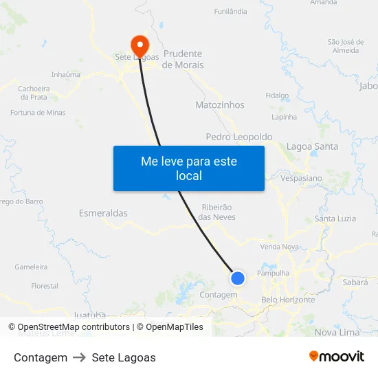 Contagem to Sete Lagoas map