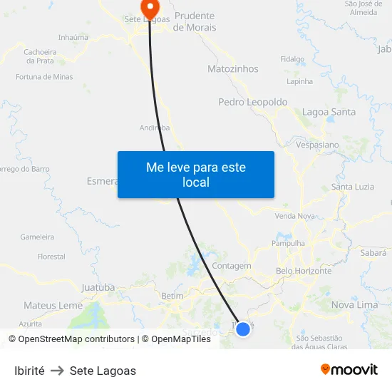 Ibirité to Sete Lagoas map