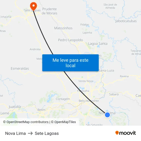 Nova Lima to Sete Lagoas map