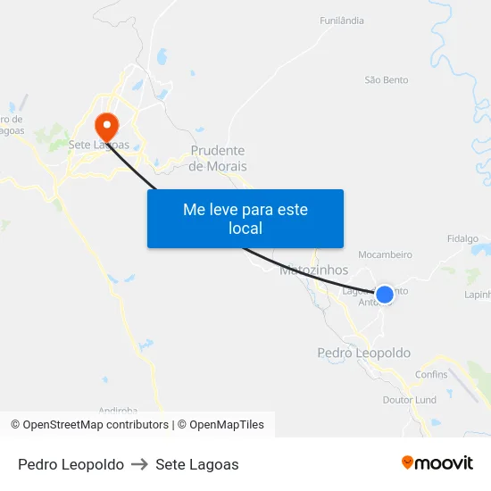 Pedro Leopoldo to Sete Lagoas map