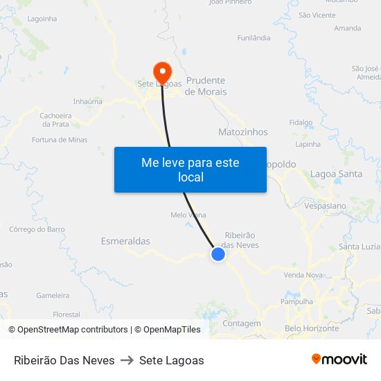 Ribeirão Das Neves to Sete Lagoas map