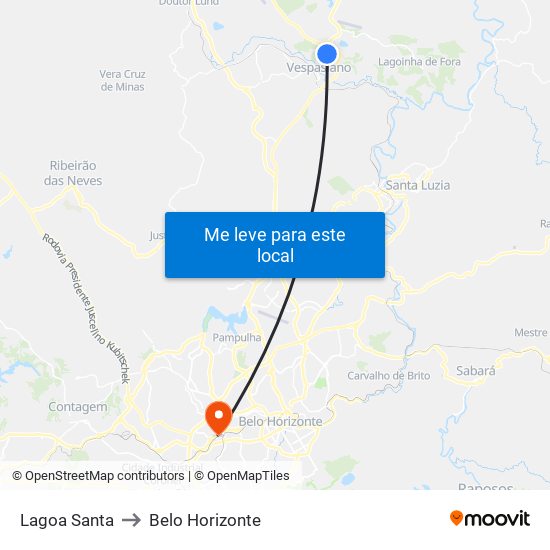 Lagoa Santa to Belo Horizonte map