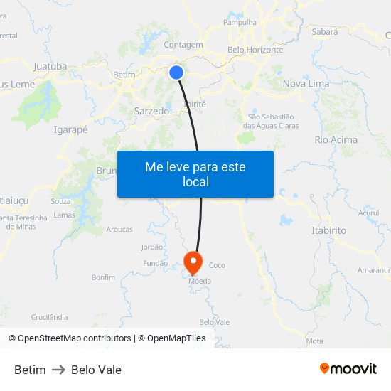 Betim to Belo Vale map