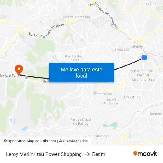 Leroy Merlin/Itaú Power Shopping to Betim map