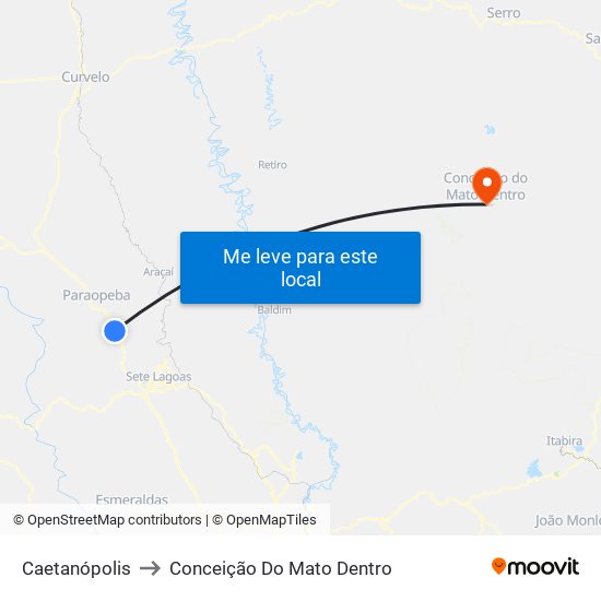 Caetanópolis to Conceição Do Mato Dentro map