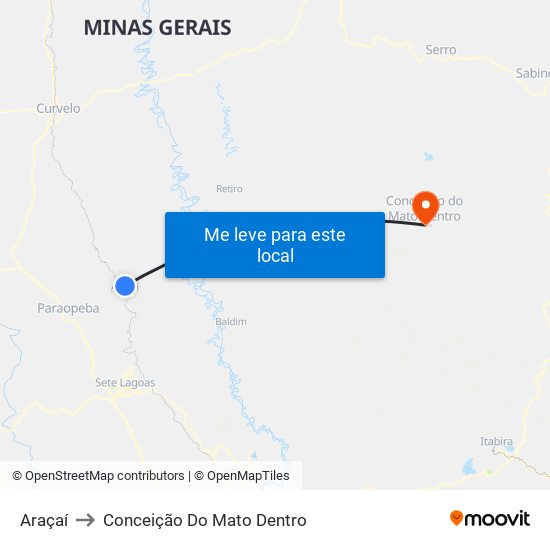 Araçaí to Conceição Do Mato Dentro map