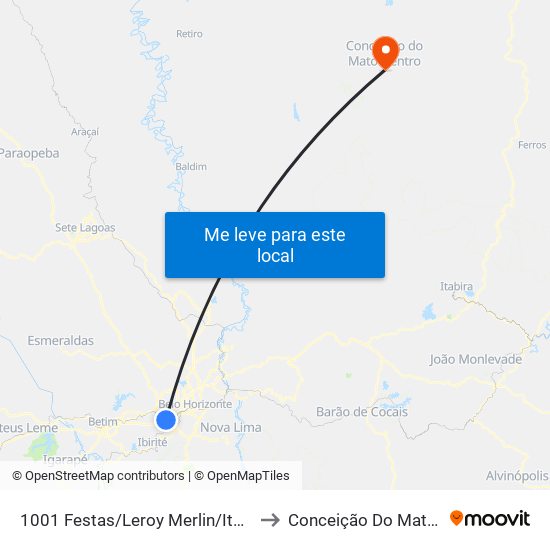 1001 Festas/Leroy Merlin/Itaú Shopping to Conceição Do Mato Dentro map
