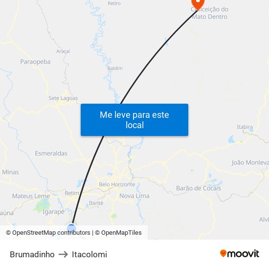 Brumadinho to Itacolomi map