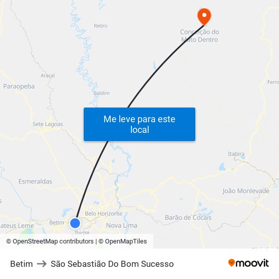 Betim to São Sebastião Do Bom Sucesso map