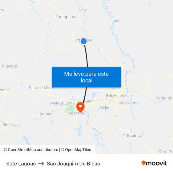 Sete Lagoas to São Joaquim De Bicas map