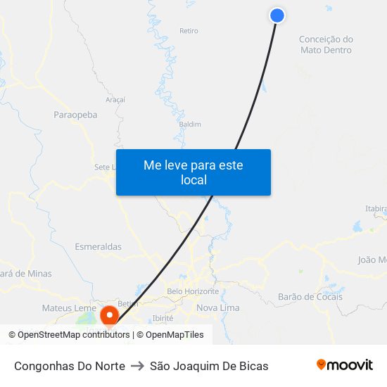 Congonhas Do Norte to São Joaquim De Bicas map