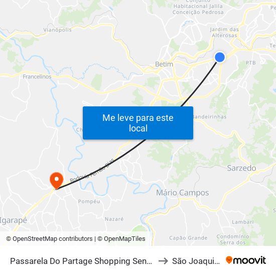 Passarela Do Partage Shopping Sentido Centro De Betim/Br-381 to São Joaquim De Bicas map