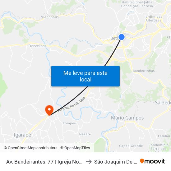 Av. Bandeirantes, 77 | Igreja Nova Canaã to São Joaquim De Bicas map