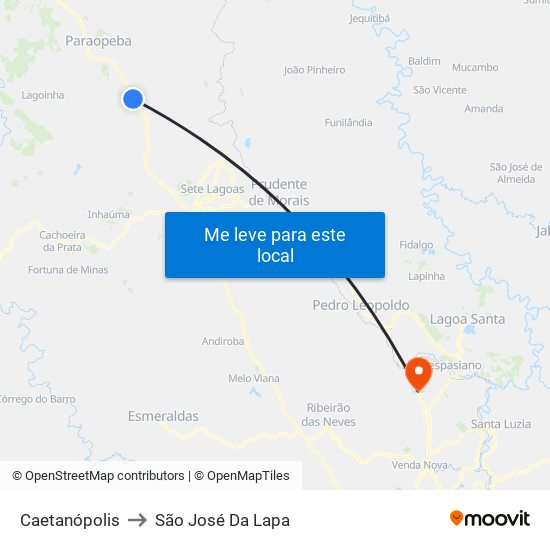 Caetanópolis to São José Da Lapa map
