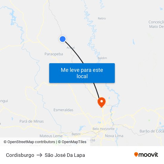 Cordisburgo to São José Da Lapa map