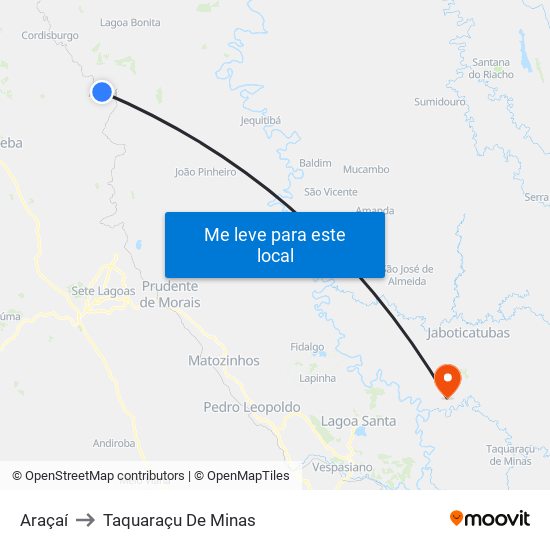 Araçaí to Taquaraçu De Minas map