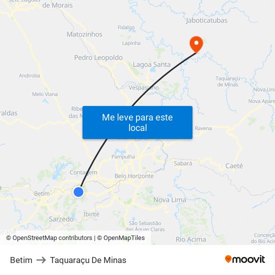 Betim to Taquaraçu De Minas map